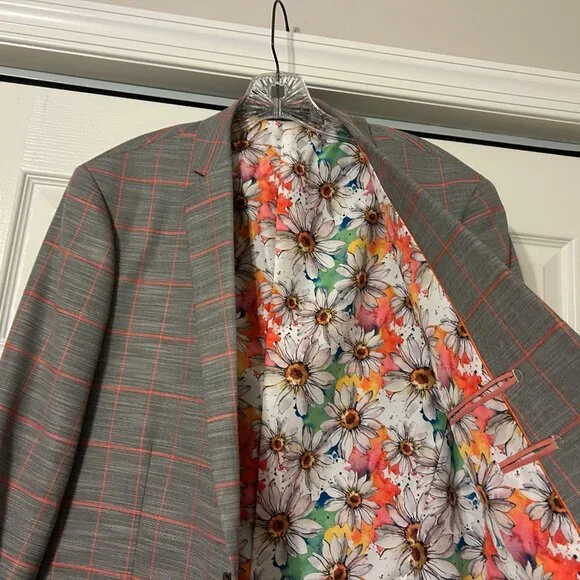 Mens PAISLEY & GRAY Sz 42L Gray & Peach Plaid Slim Fit Suit Jacket Sport Coat - Picture 7 of 13